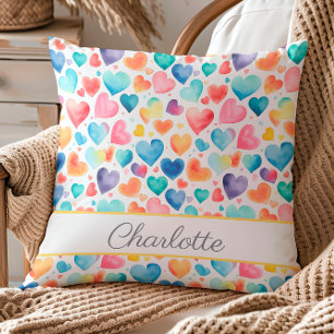 Coussin Aquarelle du coeur Colorée mignonne Amour Nom pers
