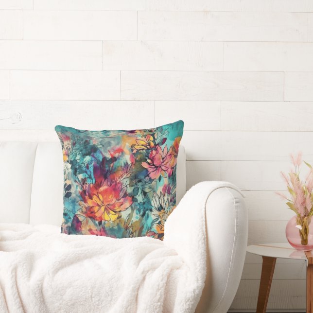 Coussin Aquarelle éclaboussée et fleurs à l'encre (Canapé)