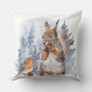 Coussin Aquarelle Écureuil européen et paysage hivernal d'