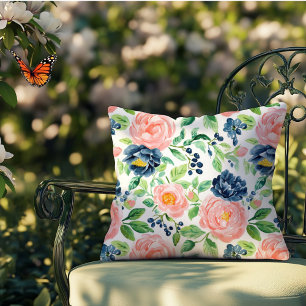 Coussin Aquarelle Élégant Fleurs Bleu Rose Intérieur Extér