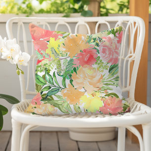Coussin Aquarelle estivale botanique pêche corail jaune