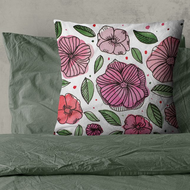 Coussin Aquarelle et fleurs d'encre - rose et vert (Créateur téléchargé)