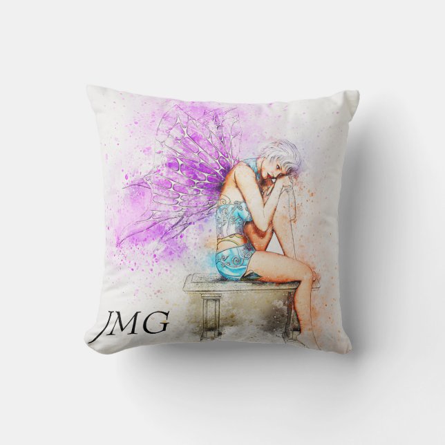 Coussin Aquarelle Fée en bleu avec Monogramme (Recto)