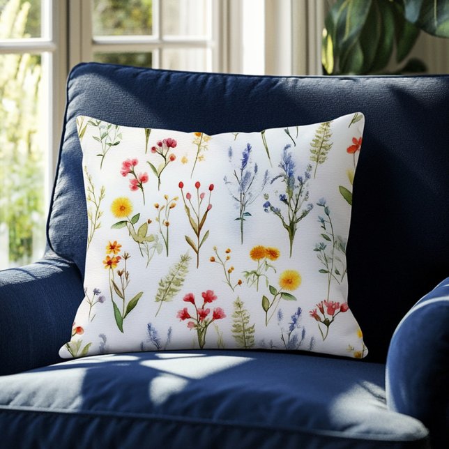 Coussin Aquarelle Fleur sauvage mignonne été botanique (Cute Wildflower Watercolor Botanical Summer Throw Pillow)