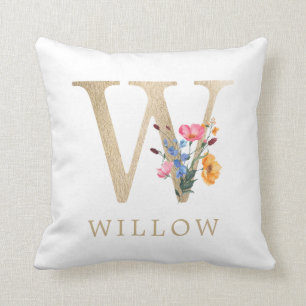 Coussin Aquarelle Fleur sauvage printanière Lettre "W" en 