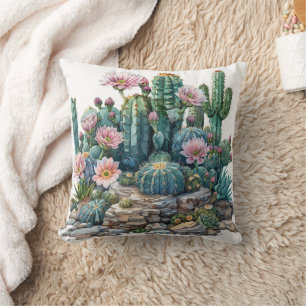 Coussin Aquarelle fleurs du désert cactus.