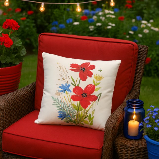 Coussin Aquarelle Fleurs rouges et bleues sur un blanc (festive summer patio mockup featuring the red poppy pillow and it’s bursting with charm.)