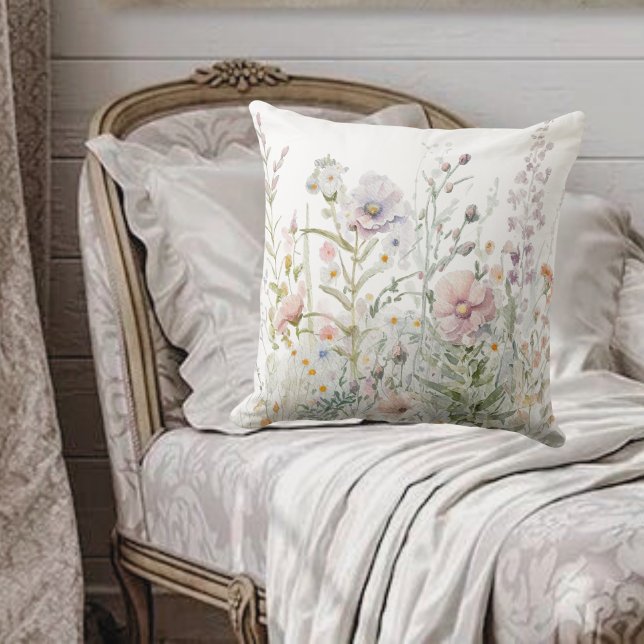 Coussin Aquarelle Fleurs sauvages Pastel Spring Meadow (Créateur téléchargé)