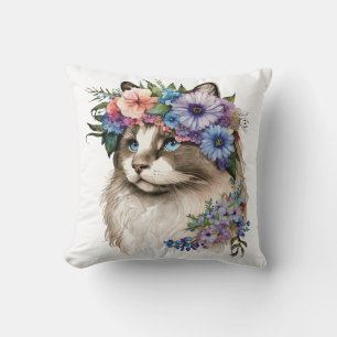 Coussin Aquarelle Floral Ragdoll Chat Personnalisé