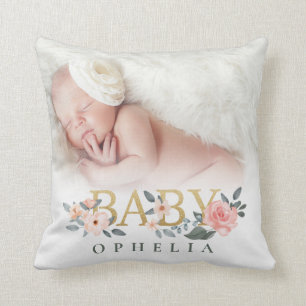 Coussin Aquarelle Floral Rose Baby Photo Nom personnalisé