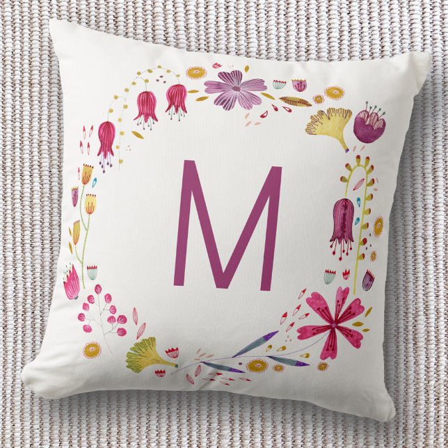 Coussin Aquarelle florale à monogramme (Monogram initial personalized watercolor wildflower throw pillow)