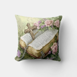 Coussin Aquarelle Florale Bible Et Croix
