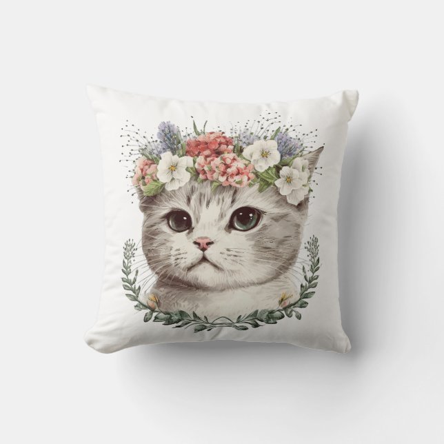 Coussin Aquarelle Florale Chat Cute (Recto)