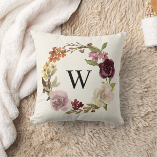 Coussin Aquarelle Florale couronne Monogramme Beige