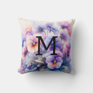 Coussin Aquarelle florale monogramme rose pourpre panses