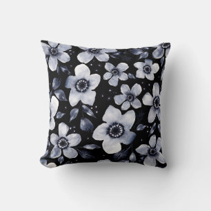 Coussin Aquarelle florale noire, blanche et grise