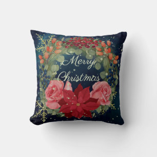Coussin Aquarelle florale poinsettia et roses