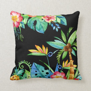 Coussin Aquarelle florale tropicale noire