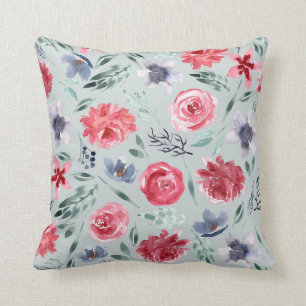Coussin Aquarelle Florales dans la verdure à la menthe