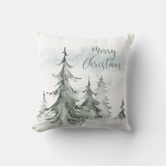 Coussin Aquarelle Forêt de sapins rustiques hiver (Recto)