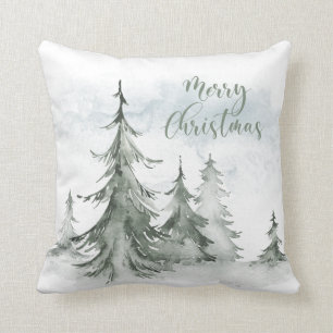 Coussin Aquarelle Forêt de sapins rustiques hiver