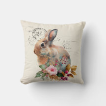 Aquarelle française vintage lapin et fleurs