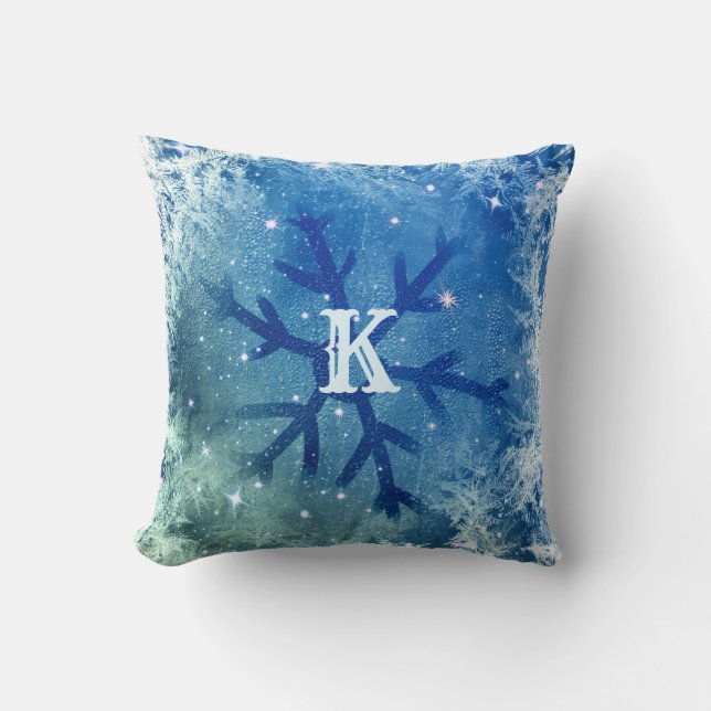 Coussin Aquarelle gelée Flocon de neige | Monogramme (Recto)