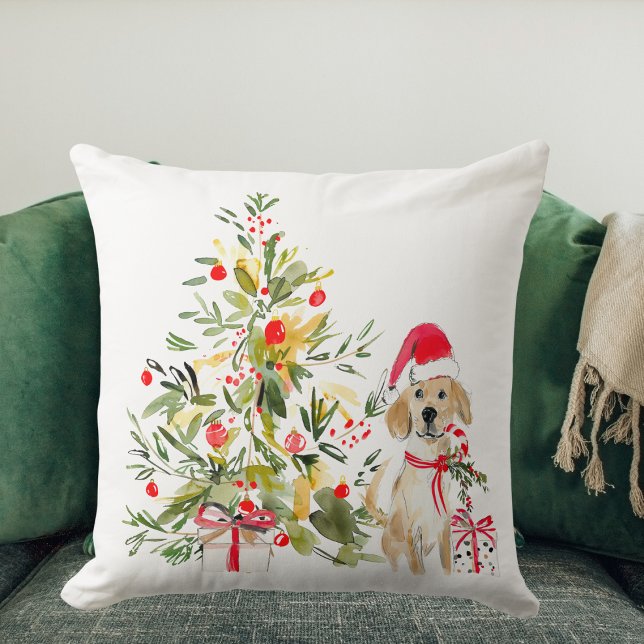 Coussin Aquarelle Golden Retrier Noël (Créateur téléchargé)