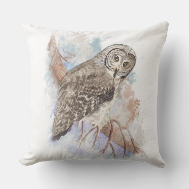 Coussin Aquarelle Grande Chouette gris Oiseau Nature Art (Recto)
