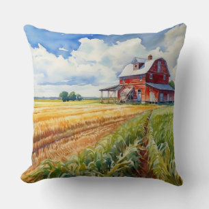 Coussin Aquarelle Grange rouge et champ de maïs