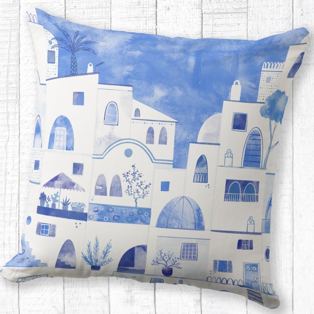 Coussin Aquarelle grecque de Santorin (Oia Santorini watercolor art blue and white throw pillow)