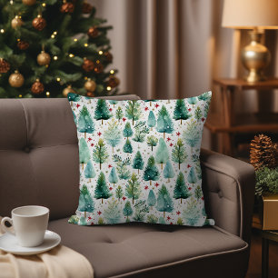 Coussin Aquarelle Green Christmas Tree Forêt d'hiver