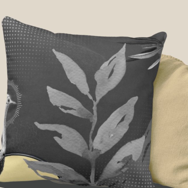 Coussin Aquarelle gris foncé et jaune Feuille autruche (Créateur téléchargé)