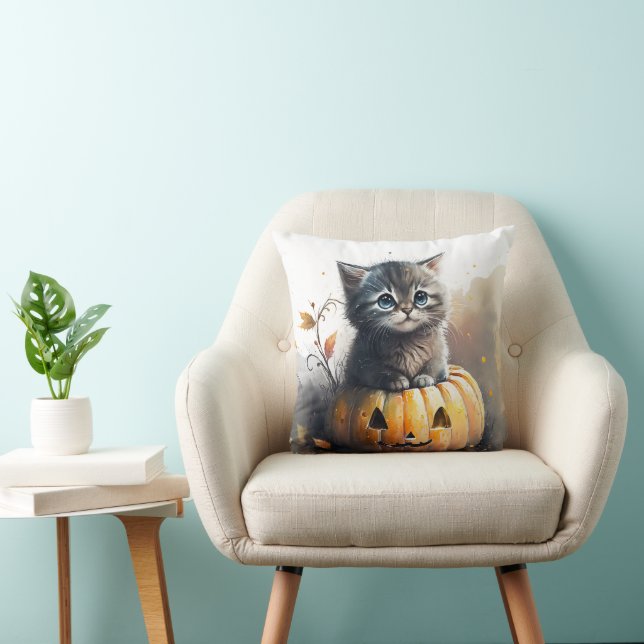 Coussin Aquarelle Halloween Kitten dans un Jack-o-lanterne (Chaise)