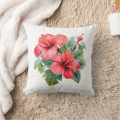 Coussin Aquarelle Hibiscus Rouge Tropical Végétal (Couverture)