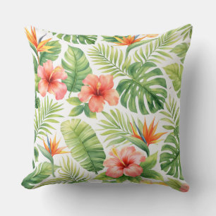 Coussin Aquarelle Hibiscus Tropical et Oiseau de Paradis