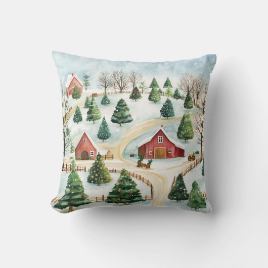 Coussin Aquarelle Hiver Paysage rustique avec Fir Trees (Recto)