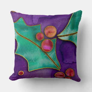 Coussin Aquarelle Holly Berries Purple Vert Rouge Vacances