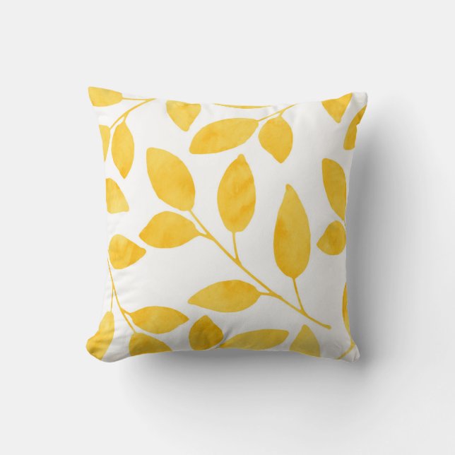 Coussin Aquarelle jaune moutarde Feuilles (Recto)