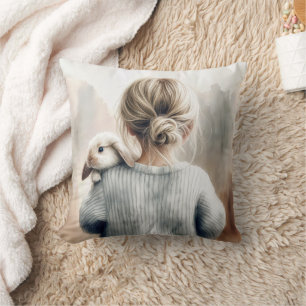 Coussin Aquarelle Jeune fille avec lapin animal