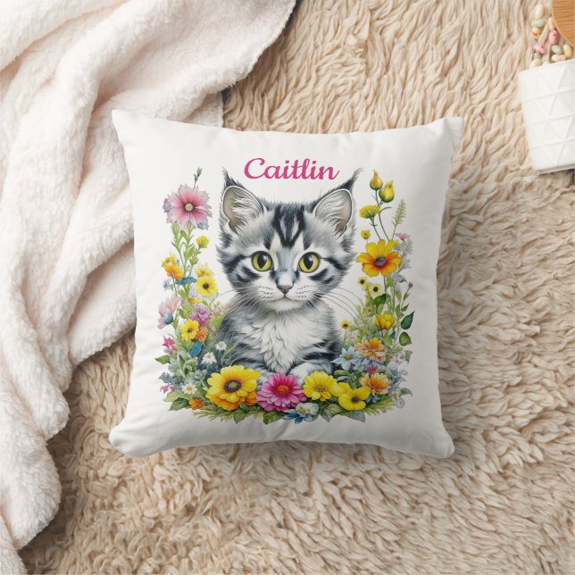 Coussin Aquarelle Kitten en Fleurs Jaunes Personnalisé (Couverture)