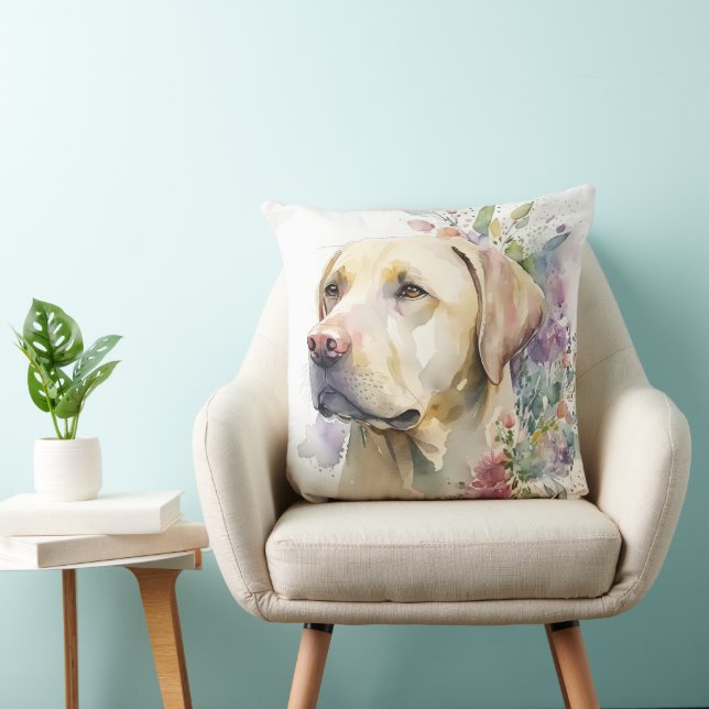 Coussin Aquarelle Labrador Retriever doré et fleurs (Chaise)