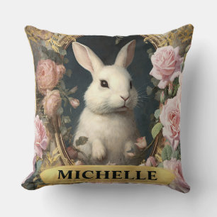 Coussin Aquarelle Lapin Blanc Vintage et Roses Roses
