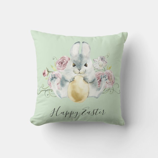 Coussin Aquarelle Lapin & Fleurs Pâques (Recto)