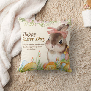 Coussin Aquarelle Lapin floral avec noeud Jour de Pâques j