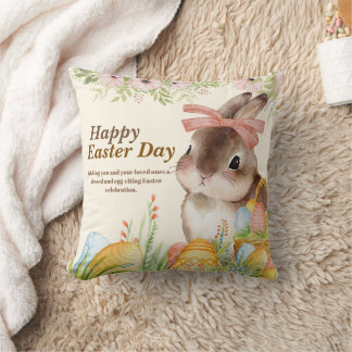 Coussin Aquarelle Lapin floral avec un nœud Jour de Pâques