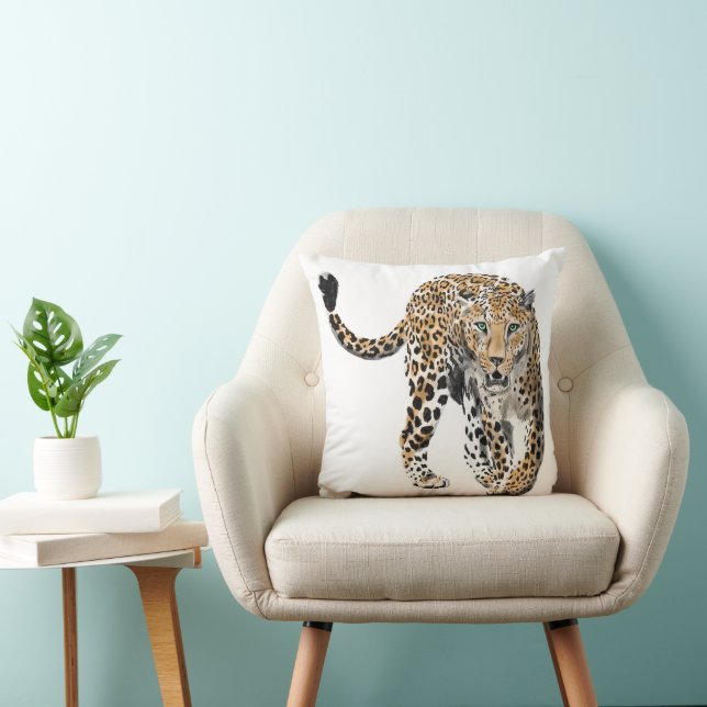 Coussin aquarelle léopard jungle chat animal peint vert (Chaise)