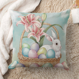 Coussin Aquarelle Lily & Oeufs Pastel avec lapin dans le p