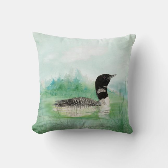 Coussin Aquarelle Loon Wilderness Lake Bird Nature Art (Recto)
