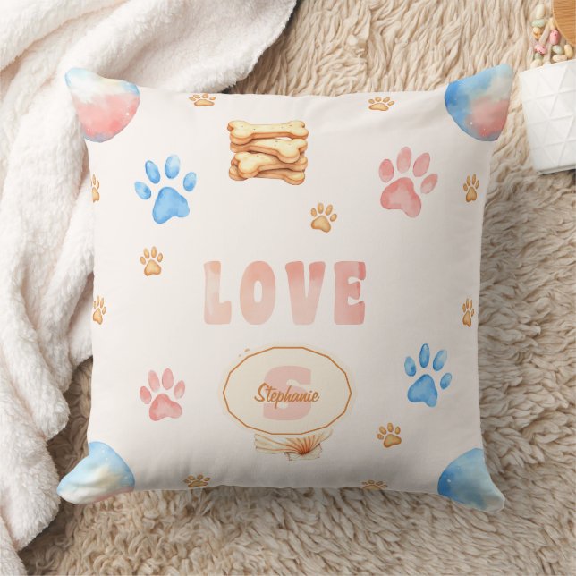 Coussin Aquarelle "LOVE" Design avec Empreintes de pattes  (Couverture)